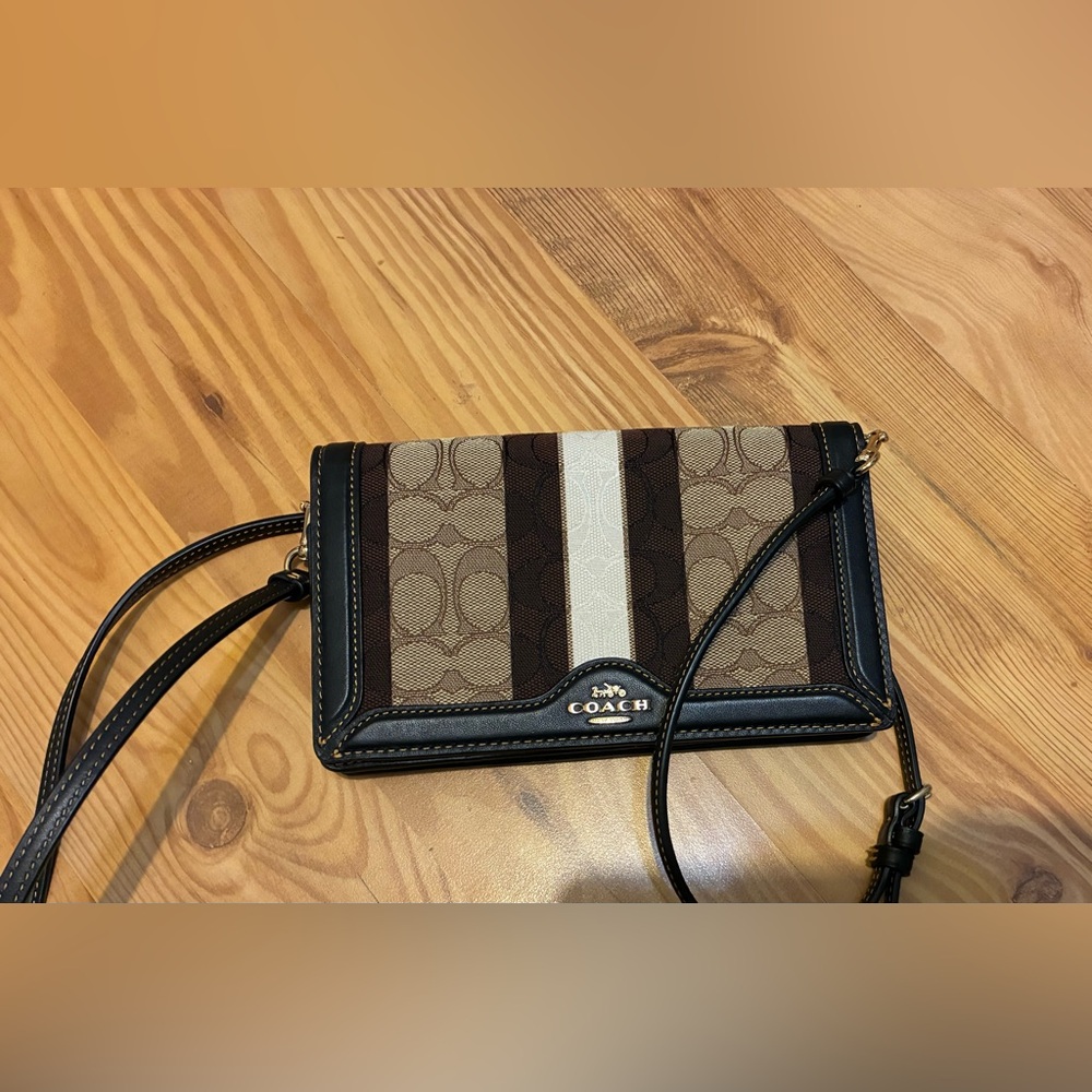 Coach Anna Signature Stripe Crossbody Wallet - Brown/Beige